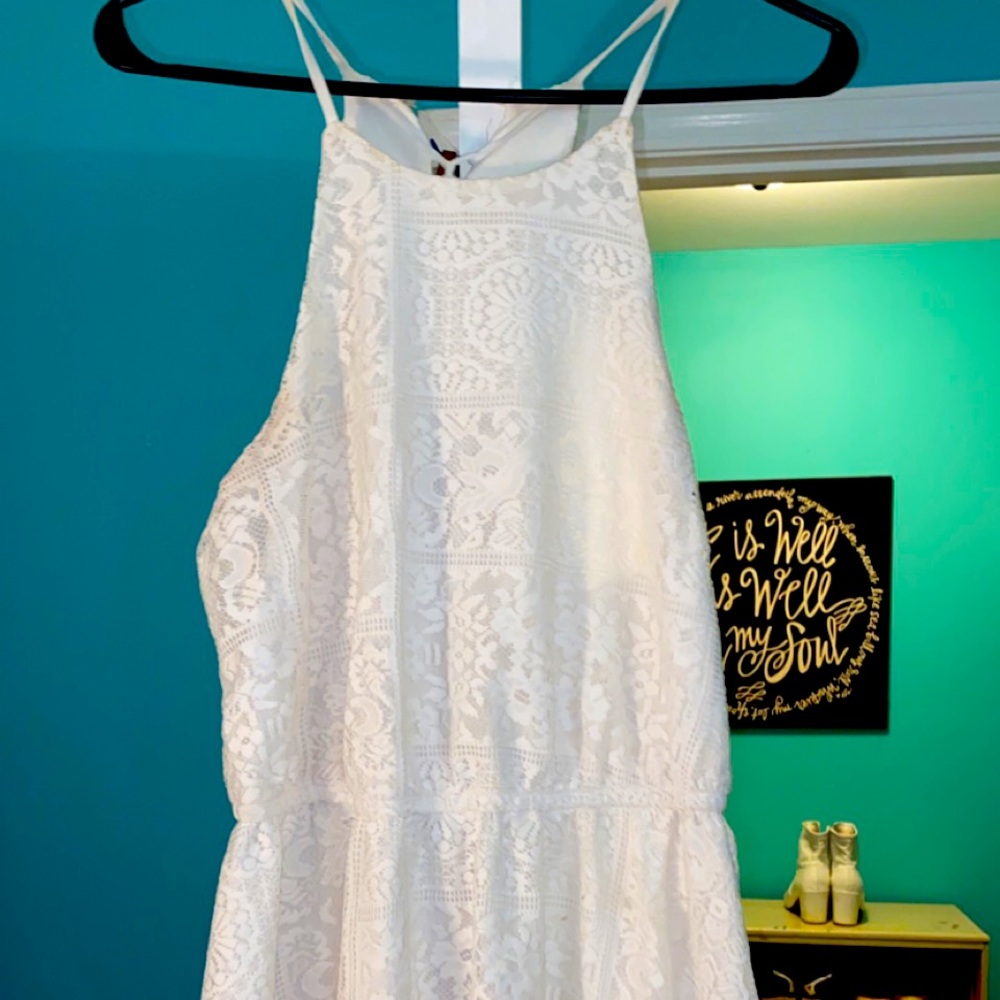 bailey blue halter white lace mini dress